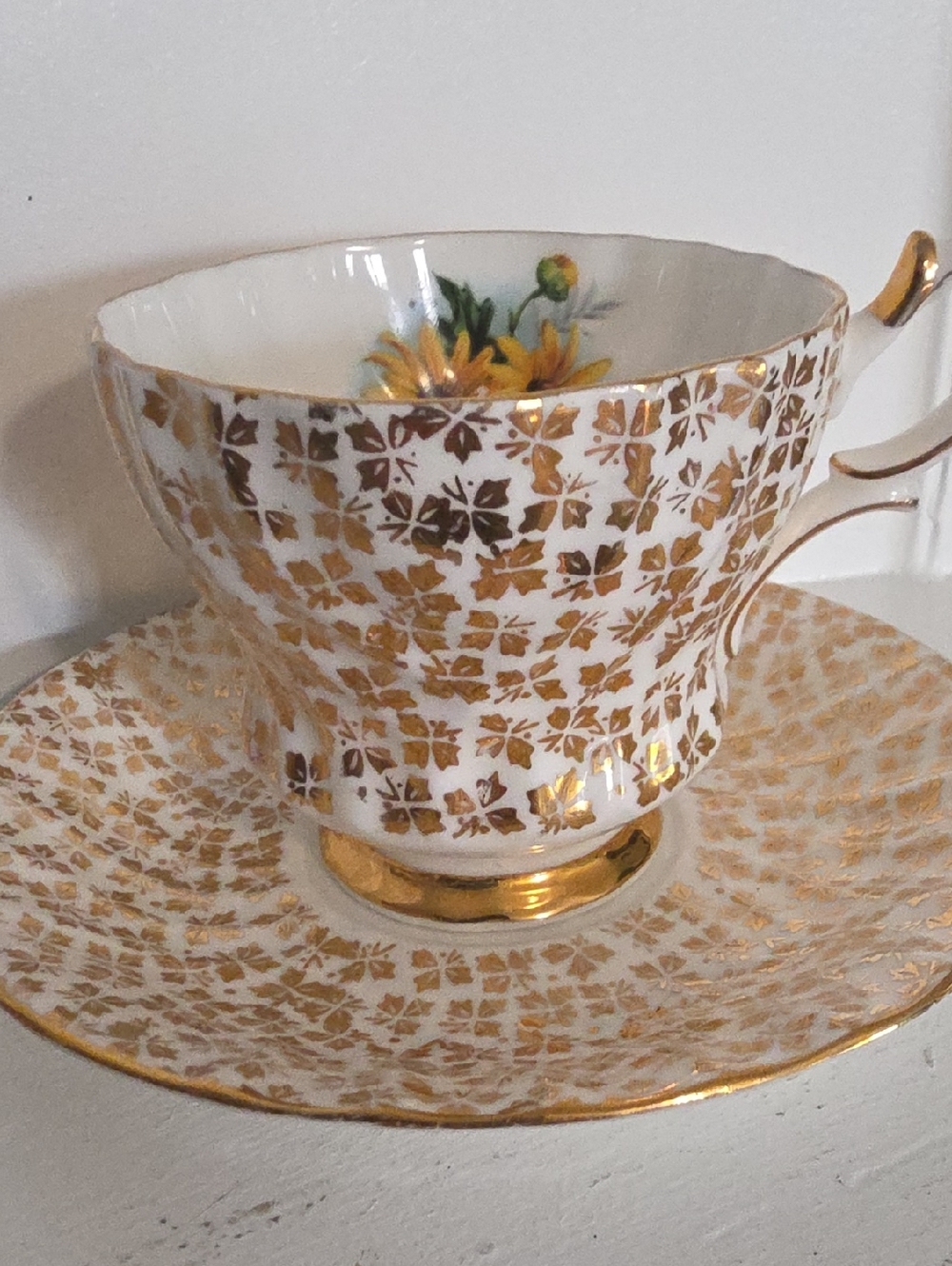 vintage Queen Anne bone china tea cup and saucer set featuring a gold chintz - Picture 7 of 7